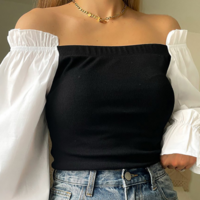 Long Sleeve Black Splicing A Single Collar Casual Top - Thumbnail 1