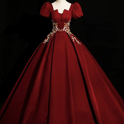 Burgundy velvet lace long prom dress, burgundy evening party dress - Thumbnail 1