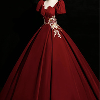 Burgundy Velvet Lace Long Prom Dress, Burgundy Evening Party Dress - Thumbnail 1