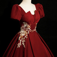 Burgundy Velvet Lace Long Prom Dress, Burgundy Evening Party Dress - Thumbnail 2