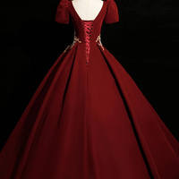 Burgundy Velvet Lace Long Prom Dress, Burgundy Evening Party Dress - Thumbnail 3