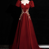 Burgundy Velvet Lace Long Prom Dress, Burgundy Evening Party Dress - Thumbnail 4