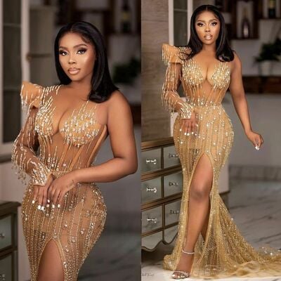 Champagne mermaid sequins lace african girls prom dresses evening gowns formal party gowns