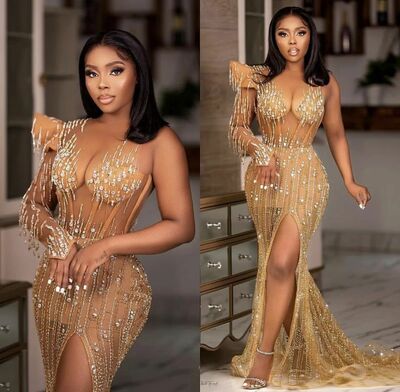 Champagne Mermaid Sequins Lace African Girls Prom Dresses Evening Gowns Formal Party Gowns