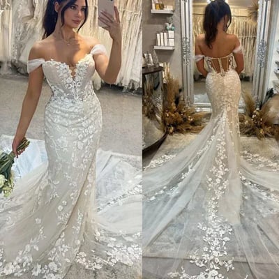 Luxury lace mermaid wedding dresses off shoulder long tail sexy bridal gowns tulle beach wedding gown 