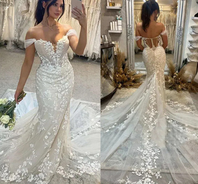 Luxury Lace Mermaid Wedding Dresses Off Shoulder Long Tail Sexy Bridal Gowns Tulle Beach Wedding Gown 