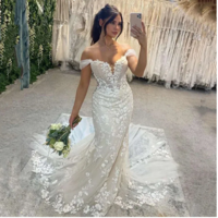 Luxury Lace Mermaid Wedding Dresses Off Shoulder Long Tail Sexy Bridal Gowns Tulle Beach Wedding Gown  - Thumbnail 2
