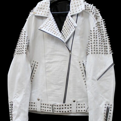 Crafted leather handmade white color biker real leather studded jackets  - Thumbnail 1