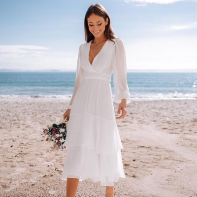 Simple chiffon long sleeve tea-length beach wedding dresses