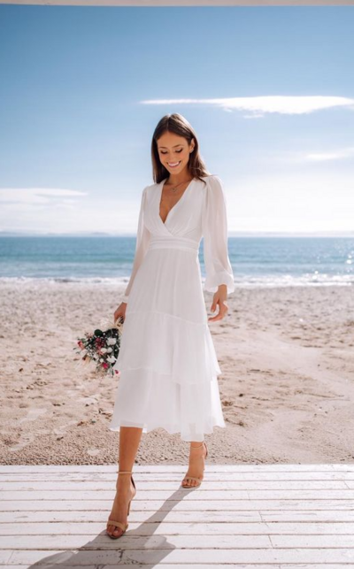 Simple Chiffon Long Sleeve Tea-length Beach Wedding Dresses