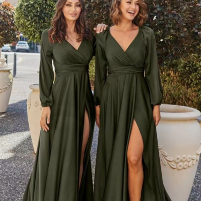 Elegant long sleeves olive green v neck prom dresses for party