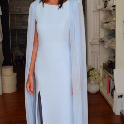 Simple light blue chiffon evening gowns wedding guest dress