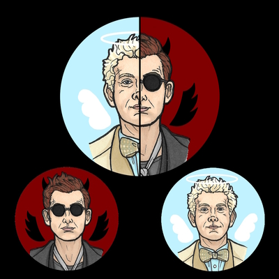Good omens button badges/keyring