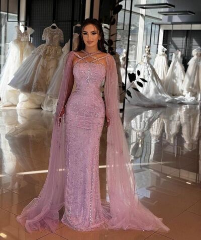 Luxury Mermaid Sequins Lace Pink Prom Dresses Evening Gowns Formal Party Gowns