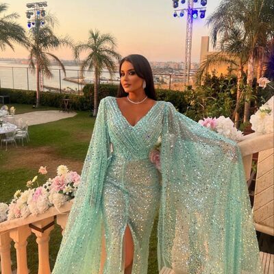 Luxury green sheath beading crystals prom dresses evening gowns formal party gowns