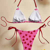 Cute Girls' Heart Printed Bikini Sets Adjustable, Halter Triangle Top, Side-Tie Bottom, Backless - Thumbnail 1