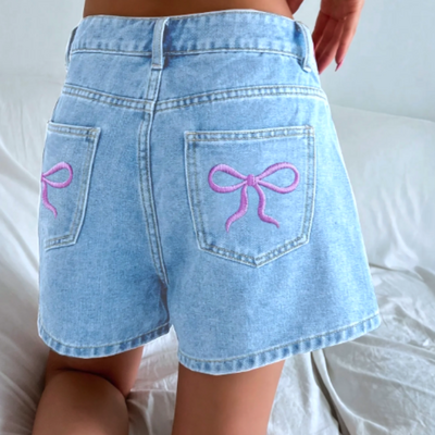 Pink bow embroidery denim shorts