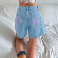 PINK BOW EMBROIDERY DENIM SHORTS - Thumbnail 1