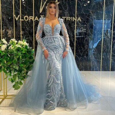 Luxury light blue sheath beading crystals prom dresses evening gowns formal party gowns