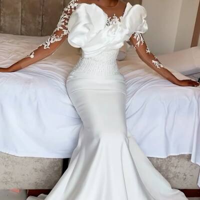 Plus size beading crystals wedding dress, mermaid afrcian girls lace bridal dress bridal gown - Thumbnail 1