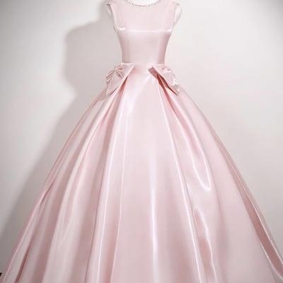 Pink satin long a-line prom party dress