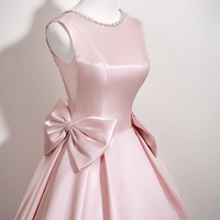 Pink Satin Long A-Line Prom Party Dress - Thumbnail 3