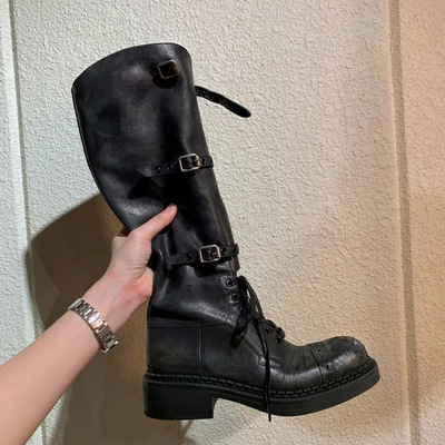 Fine leather buckle retro thick heel long knight boots 2 colors