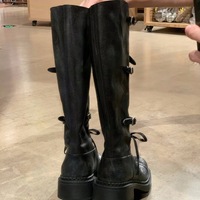 Fine leather buckle retro thick heel long knight boots 2 colors - Thumbnail 1