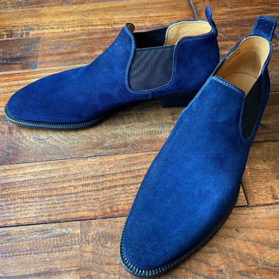 Men's royal blue suede chelsea boots handmade slip on ankle dress shoes leather sole