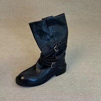 Cowhide Desert Vintage Knight Boots Women's Belt Buckle Washed Genuine Leather - Thumbnail 2