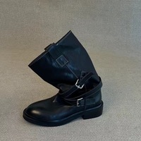 Cowhide Desert Vintage Knight Boots Women's Belt Buckle Washed Genuine Leather - Thumbnail 3