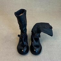 Cowhide Desert Vintage Knight Boots Women's Belt Buckle Washed Genuine Leather - Thumbnail 7