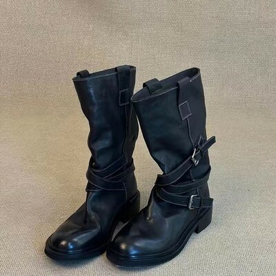Cowhide desert vintage knight boots women's belt buckle washed genuine leather