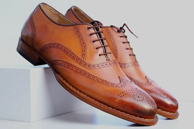 Crafted Leather Classic Brown Patina Oxford Wingtip Dress Shoes