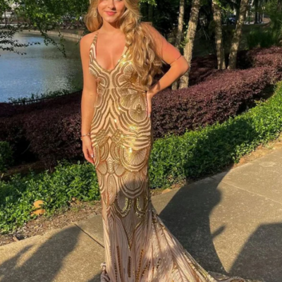 Mermaid golden sequin long sweep open back prom dress - Thumbnail 1