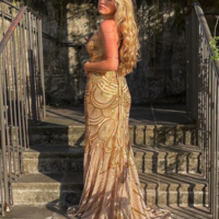 Mermaid Golden Sequin Long Sweep Open Back Prom Dress - Thumbnail 1
