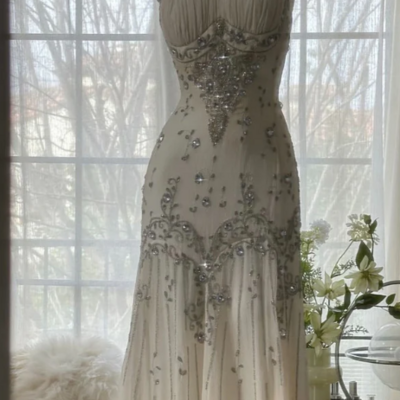 A line straps ivory chiffon long prom dress with beaded 
