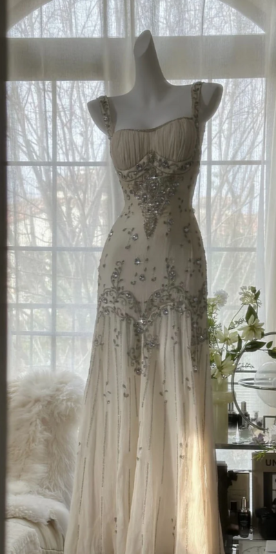 A Line Straps Ivory Chiffon Long Prom Dress With Beaded 