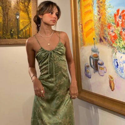 Vintage green satin tealength formal prom dress - Thumbnail 1