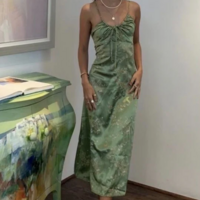 Vintage Green Satin TeaLength Formal Prom Dress - Thumbnail 2