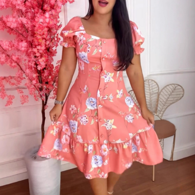 Temperament floral print breasted patchwork dress