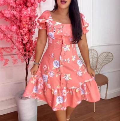 Temperament Floral Print Breasted Patchwork Dress