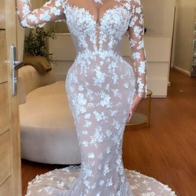 Luxury wedding dress, mermaid lace long sleeve afrcian girls bridal dress bridal gown