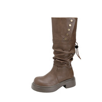 Women's retro thick heel thick sole genuine leather boots 2 colors - Thumbnail 4