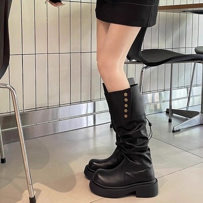 Women's retro thick heel thick sole genuine leather boots 2 colors