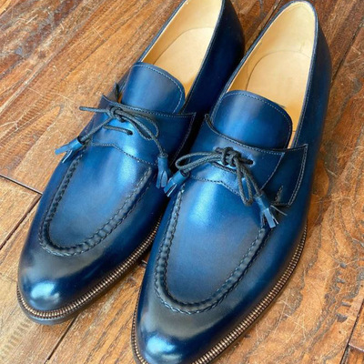 Men's handmade navy blue leather tassel loafers genuine leather dress shoes for formal & casual wear"