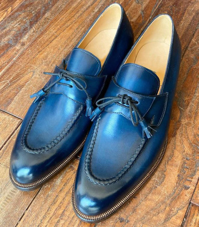 Men's Handmade Navy Blue Leather Tassel Loafers Genuine Leather Dress Shoes for Formal & Casual Wear"