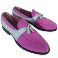 Crafted Leather Classic Pink Suede Gray Leather Tassel Loafers Dress Shoes - Thumbnail 1