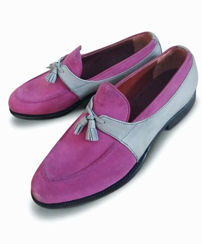 Crafted Leather Classic Pink Suede Gray Leather Tassel Loafers Dress Shoes