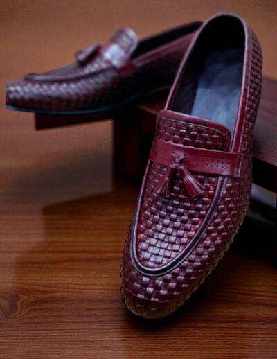 Crafted Leather Men Elegant Classic Burgundy Woven Leather Loafers Dress Shoes